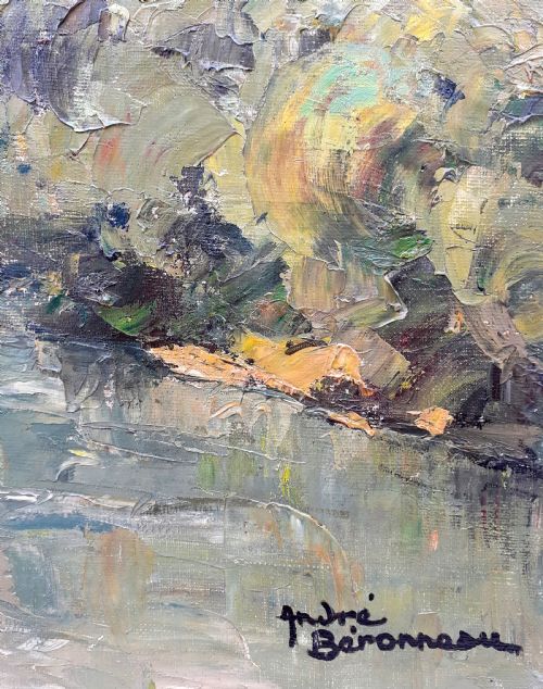 fig 1. The South of France, Pyrenean hillside town landscape Basque country medieval Saint Jean Pied de Port by André Beronneau oil on canvas