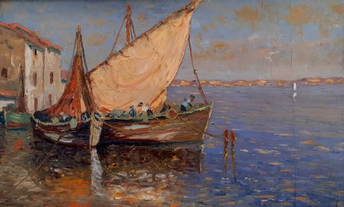 Cote D'azur Coast, Boats at Martigues, the Venice of Provence, Circa 1920, Southern French Oil on Board