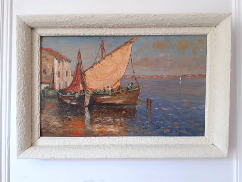 fig 1. Cote d'Azur coast, boats at Martigues, the Venice of Provence, circa 1920, southern French oil on board