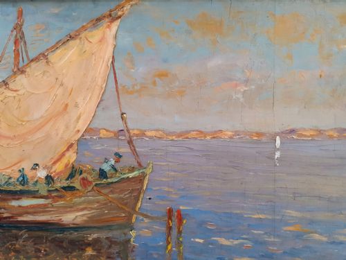 fig 2. Cote d'Azur coast, boats at Martigues, the Venice of Provence, circa 1920, southern French oil on board