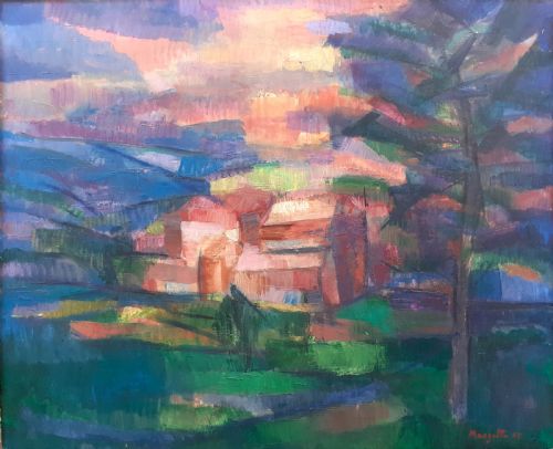 Cezannian Colourist Masterpiece: Mediterranean Village Bathed in Light: French Cubist Oil on Canvas