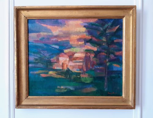 fig 1. Cezannian colourist Masterpiece: Mediterranean village bathed in light: French cubist oil on canvas