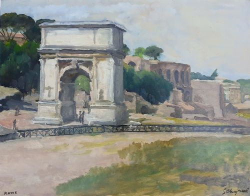 Rome, Colosseum and Titus Arch, 1932 Art Deco Period Oil on Paper by French Georges Cheyssial