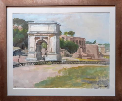 fig 1. Rome, Colosseum and Titus Arch, 1932 art deco period oil on paper by French Georges Cheyssial