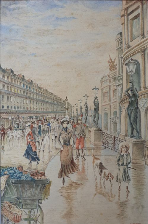 Promenading in Paris: Bustling Street Scene Belle Epoque Art Nouveau Period Watercolour