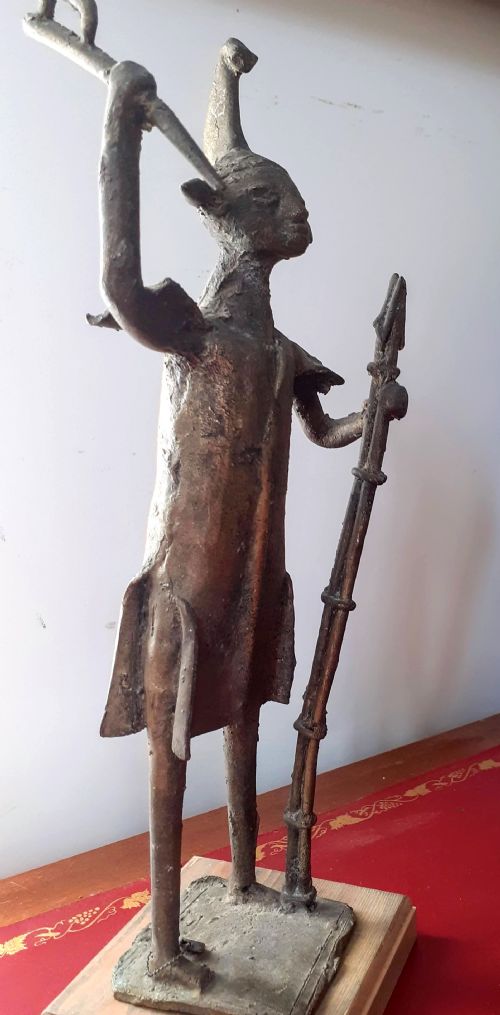 Antique African Ashante Ashanti Bronze Alloy Sculpture with Remains of Gilding Warrior or Chief Figure with Attributes