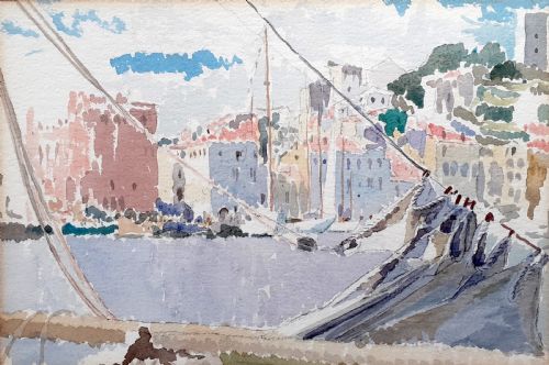 fig 3. Mediterranean harbour, French Riviera Cote d'Azur, view from a boat, antique watercolour on paper