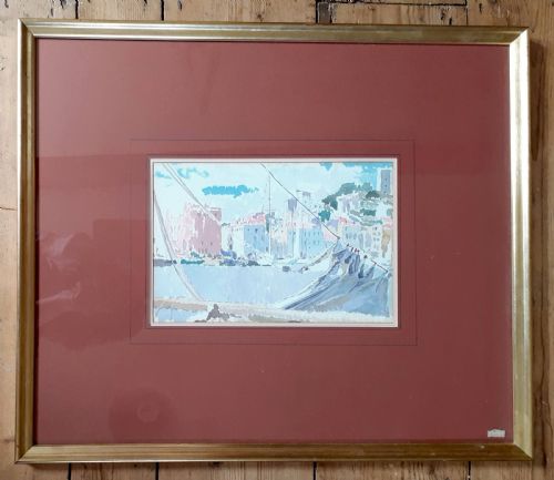 fig 2. Mediterranean harbour, French Riviera Cote d'Azur, view from a boat, antique watercolour on paper