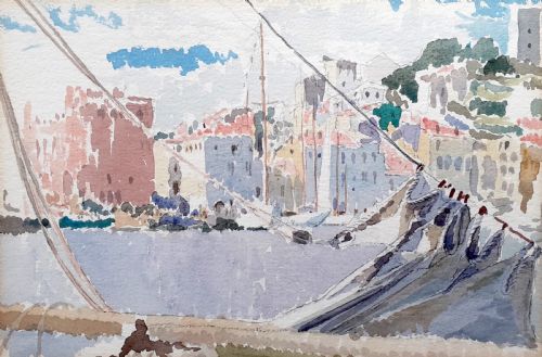 Mediterranean Harbour, French Riviera Cote D'azur, View from a Boat, Antique Watercolour on Paper