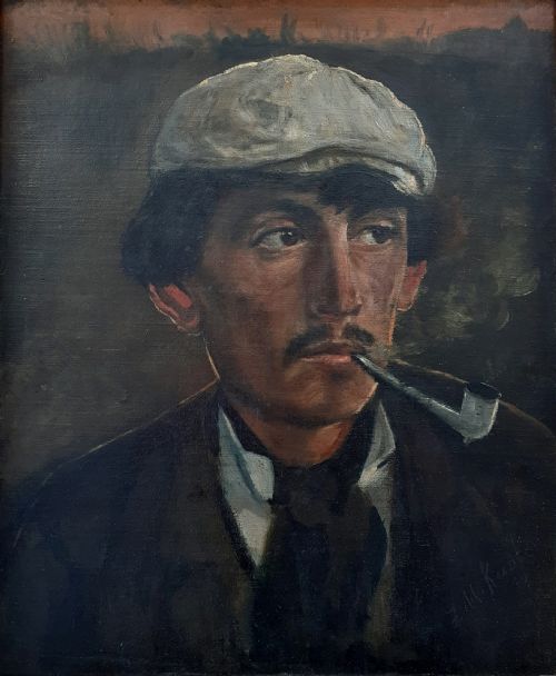 A Haunting Portrait of an Artist, Poignant Realist Modernity Circa 1900  Austrian Oil on Board