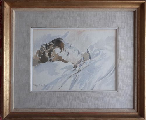 fig 1. Young child sleeping, the artist's son, by Sickert's woman student antique watercolour on paper