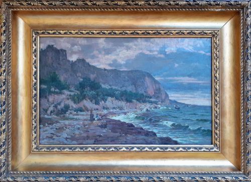fig 1. An antique oil painting on canvas depicting a coastal landscape in the South of France with figures on a stony shore beside cliffs under an evening sky.