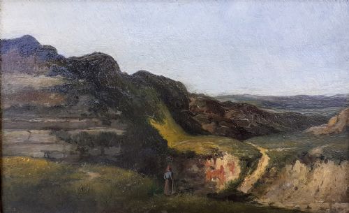Mysterious Landscape with Lone Figure in the Hills Antique French Oil on Panel
