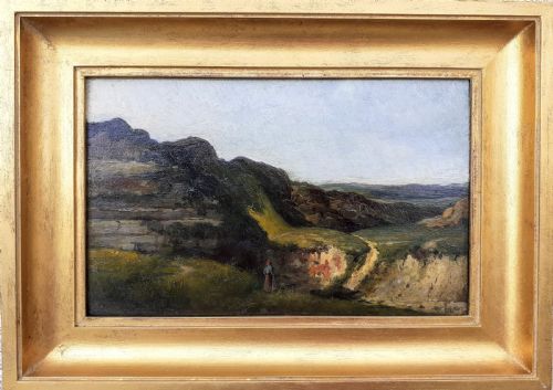 fig 1. Mysterious landscape with lone figure in the hills antique French oil on panel