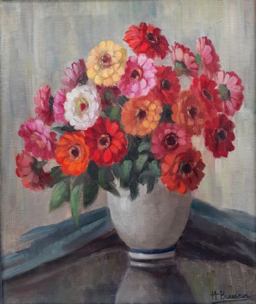 Marigold Flowers Exuberant Art Deco Period Floral Still Life Oil on Canvas
