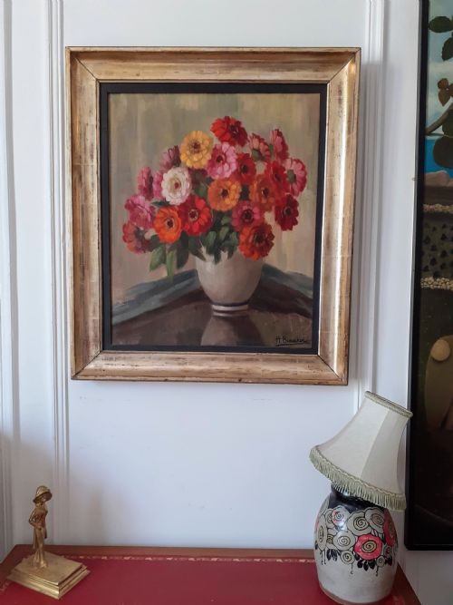 fig 1. Marigold Flowers exuberant Art Deco period floral still life oil on canvas