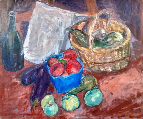 Joy in the Simple Things: Colourful Still Life with Fruit and Veg...and a Newspaper! Antique French Oil on Canvas