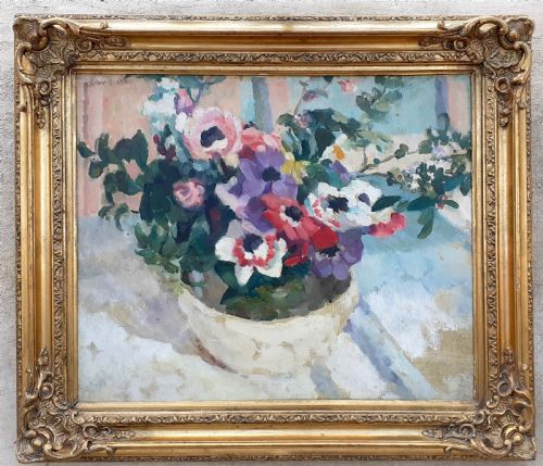 Anemones: Joyous Light Filled Floral Still Life Antique French Oil on Canvas Flowers