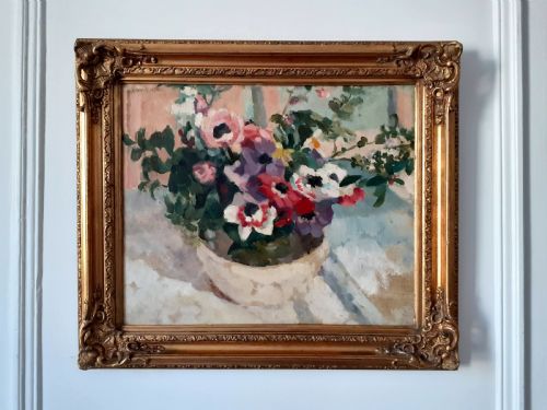 fig 1. Anemones: joyous light filled floral still life antique French oil on canvas flowers