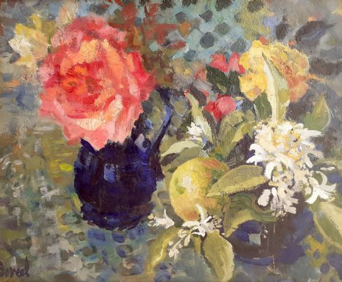 Flowers and Fruit, Exuberant and Colourful Still Life Antique Oil on Board