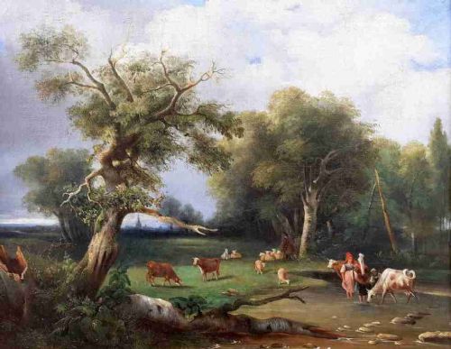 Halcyon Days - Shepherds and Cowherds in an Ideal Landscape, French Oil on Canvas