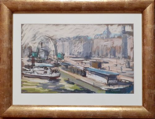 THE HARBOUR IN THE WINTER ROUEN NORMANDY FRENCH POST IMPRESSIONIST PASTEL PAINTING - ADDITIONAL PHOTO 1