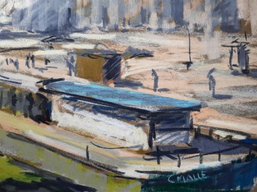 THE HARBOUR IN THE WINTER ROUEN NORMANDY FRENCH POST IMPRESSIONIST PASTEL PAINTING - ADDITIONAL PHOTO 2