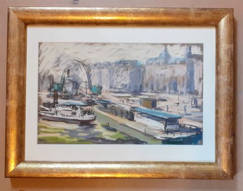 THE HARBOUR IN THE WINTER ROUEN NORMANDY FRENCH POST IMPRESSIONIST PASTEL PAINTING - ADDITIONAL PHOTO 3