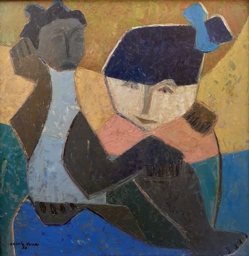 Bold Cubist Mother and Child - Abstracted Oil Painting by Haitian Master Calixte Henri,  Haiti