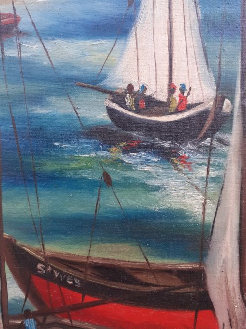 fig 1. Carribean seascape, sailboats in Haiti by Chinese Haitian Master Edouard Wah oil on canvas