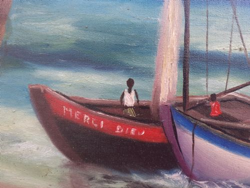 fig 2. Carribean seascape, sailboats in Haiti by Chinese Haitian Master Edouard Wah oil on canvas