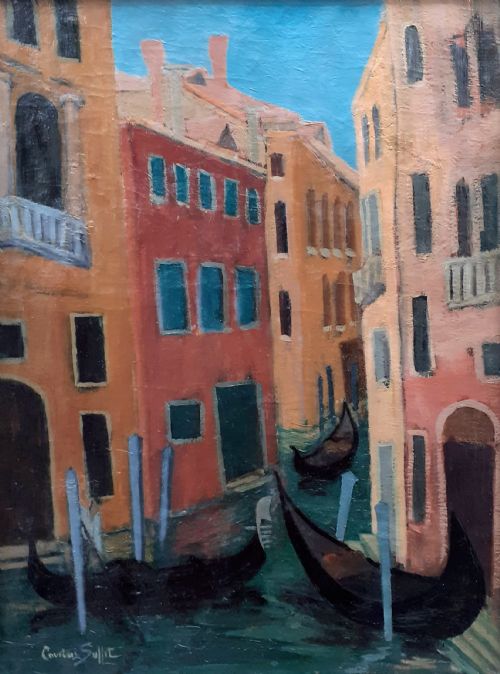 Venice, Terracotta Buildings Venetian Canal with Gondolier Art Deco Period French Oil on Canvas