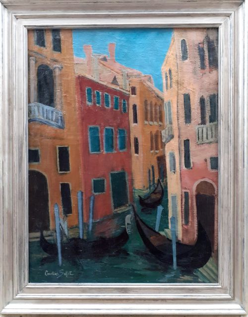 fig 1. Venice, terracotta buildings Venetian canal with gondolier art deco period French oil on canvas