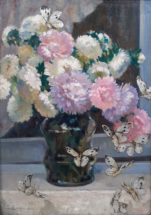 The Silver Butterflies - Jubilant Floral Still Life French Arts and Crafts Period Art Deco Flowers Oil on Panel
