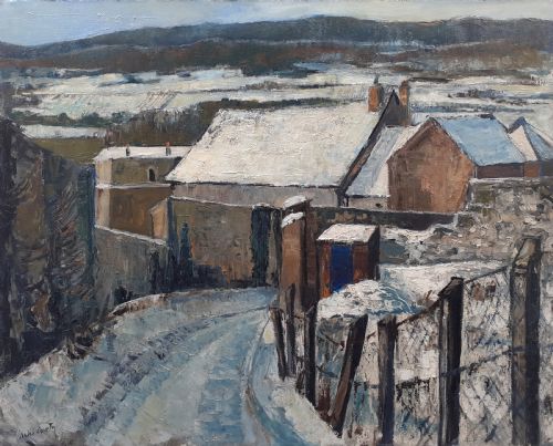 Snow: Large Semi Abstracted Winter Scene, Montlhéry Landscape 1963 Antique French Oil on Canvas