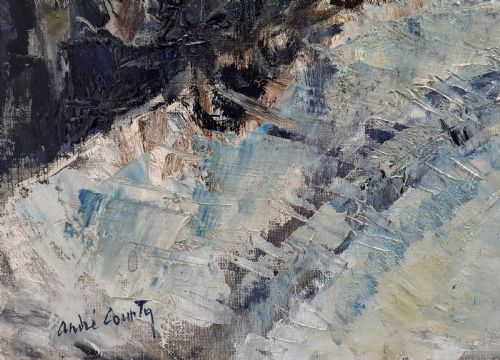 fig 1. Snow: large semi abstracted winter scene, Montlhéry landscape 1963 antique French oil on canvas