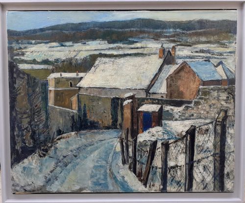 fig 2. Snow: large semi abstracted winter scene, Montlhéry landscape 1963 antique French oil on canvas
