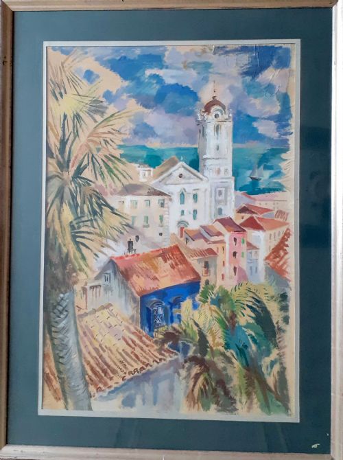 fig 2. Summer in a seaside town on the French Riviera, large mediterranean landscape with boats, by Sickert student oil on paper
