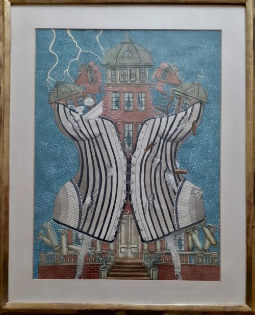 fig 1. Masterpiece: huge Surrealist The Victorian House - prestigious provenance American mid century Modernist, with Crane Kalman London Lightening Strikes painting