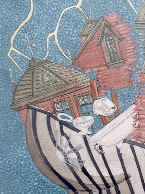 fig 4. Masterpiece: huge Surrealist The Victorian House - prestigious provenance American mid century Modernist, with Crane Kalman London Lightening Strikes painting