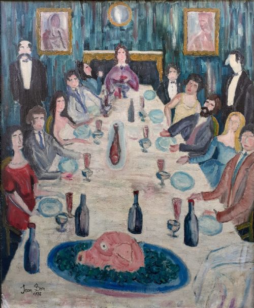 Jambon, the Dinner Party - 1930s Folk Outsider Art - Antique French Oil on Canvas ..A Painting for a Chef