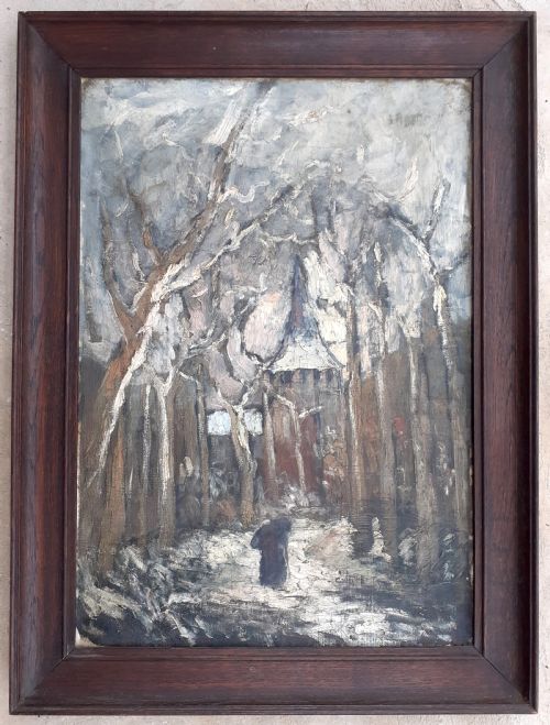 fig 1. Winter Woods, the impression of snow, 1907: French arts and crafts art nouveau oil on canvas, Brittany