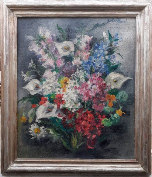 Post-war Bouquet: Large Exuberant Colourful Floral Still Life, Antique French Oil on Canvas