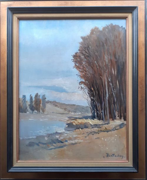 fig 1. Light flooded river landscape, vast sky French antique oil on canvas
