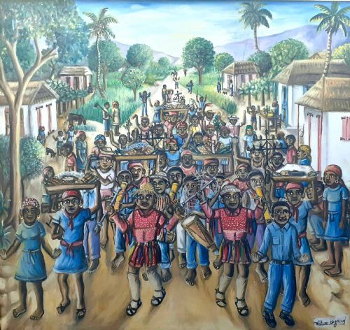 Music! Large Important Colourful Voodou Easter Celebration by Haitian Master Wilson Bigaud  Oil on Canvas
