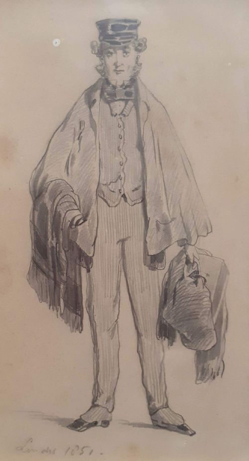 Londoner with a Blanket, 1851, London Man as Seen by a French Artist Antique 19th Century Drawing on Paper