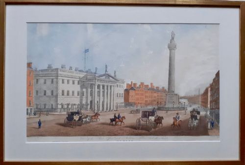 fig 1. Ireland ca 1820 Dublin General Post Office and Nelson's Pillar, Sackville Street, hand coloured engraving, Henry Brocas the Younger, Irish, c.1798-1873. After Samuel Frederick Brocas, Irish, c.1792-1847.