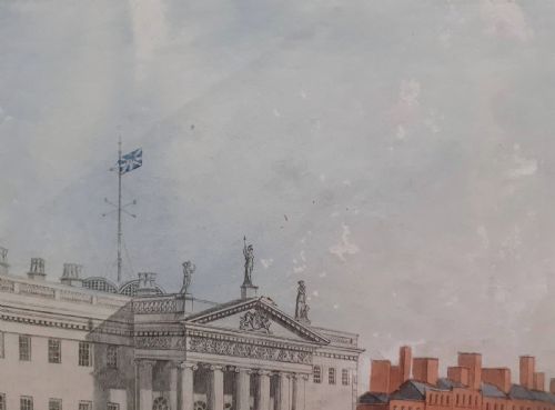 fig 3. Ireland ca 1820 Dublin General Post Office and Nelson's Pillar, Sackville Street, hand coloured engraving, Henry Brocas the Younger, Irish, c.1798-1873. After Samuel Frederick Brocas, Irish, c.1792-1847.