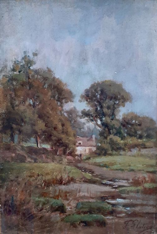 The Cottage by the Brook, Circa 1900, French Impressionist Summer Landscape Oil on Panel