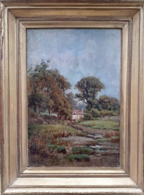 fig 1. The Cottage by the brook, circa 1900, French Impressionist summer landscape oil on panel